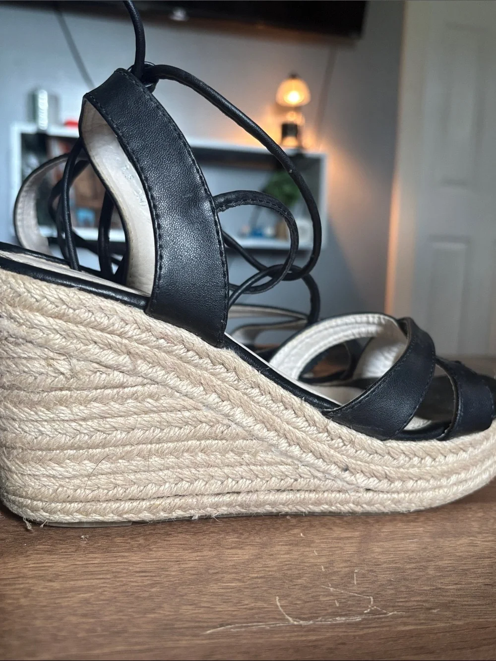 Ankle lace up black wedges